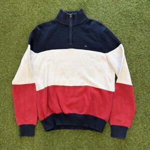 TOMMY HILFIGER ¼ Zip Knit Pullover Sweater Mens M Red White & Blue Stripe Cotton